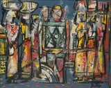 The Market Place by Walter Battiss, oil on board, sold Sep 2011