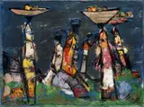 Figures with Baskets of Fruit by Walter Battiss, oil on canvas, offered Sep 2011