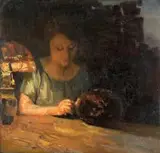 Frans Oerder, A Woman Sewing by Lamplight