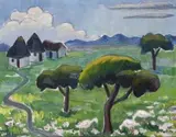 Maggie Laubser, Landscape with Trees, Birds, Huts and House