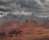 François Krige, Riders in the Malutis, oil on canvas laid down on board