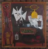 Cecil Skotnes, Still Life with Wire Sculptures, acrylic and pigments on incised panel, framed by the artist