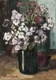 David Botha, Still Life of Flowers in a Vase with Pomegranates, oil on board