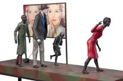 Jane Alexander, something's going down, 1993-94, synthetic clay, oil paint, wood, aluminium, leather and prints