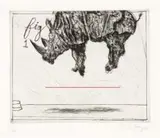 William Kentridge, Three Rhinos: Fig 1 Crowd Pleaser, drypoint, each from 1 copper plate, with red pastel on Hahnemuhle paper