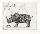 William Kentridge, Three Rhinos: Fig 3, drypoint, each from 1 copper plate, with red pastel on Hahnemuhle paper