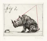 William Kentridge, Three Rhinos: Fig 2 Dunce, drypoint, each from 1 copper plate, with red pastel on Hahnemuhle paper