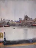 Maud Sumner, A View of the Thames with Boats, pen and ink and gouache