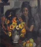 Clément Serneels, A Woman with a Bowl of Flowers and a Plate of Fruit, oil on canvas