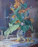 Florence Zerffi, The Artist's Studio with a Still Life of Sunflowers, oil on board