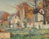 Piet van Heerden, A Cape Farmhouse with a Mother and Children Tending a Vegetable Garden
