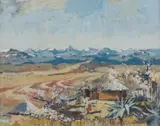 Terence McCaw, Lesotho, Figure outside a House with Snow Covered Peaks in the Distance