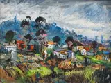 George Enslin, Houses beneath a Hill, oil on board