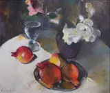 Louis van Heerden, A Still Life with Pomegranates, Glass and a Vase of Flowers