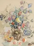 A Still Life with Ranunculus and Spring Flowers in an Earthenware Jug with Pomegranates by Gregoire Boonzaier, watercolour over charcoal, offered May 2011