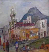 Kenneth Baker, Bo-Kaap Street Scene with Figures, oil on board