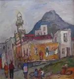 Kenneth Baker, Bo-Kaap Street Scene with Figures, oil on board