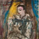 Carl Büchner, A Seated Harlequin, mixed media on canvas