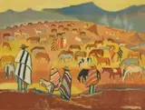 Nerine Desmond, Blanketed Figures in a Basuto Landscape with Horses, oil on canvas laid down on board