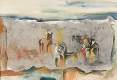 Figural Fragments in an Abstract Landscape by Cecil Skotnes, pen and ink and watercolour with pigment and sand on paper, sold May 2011