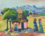 Huts and Trees with Figures in a Landscape by Maggie Laubser, oil on canvasboard, offered May 2011