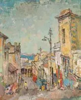 Gregoire Boonzaier, A Steep Street with Lamp Post, oil on canvas laid down on board