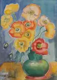 Maggie Laubser, Poppies in a Green Vase, watercolour over pencil