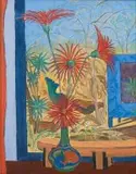 Rosamund Everard-Steenkamp, A Still Life of Gerberas in a Blue, Green and Red Vase, and a View Through a Window, oil on canvas