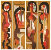 Cecil Skotnes, Four Figures (on four panels), carved and painted wood panel with coloured pigment