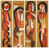 Four Figures (on four panels) by Cecil Skotnes, carved and painted wood panel with coloured pigment, sold May 2011