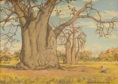 Erich Mayer, An Extensive Landscape with a Baobab and a Crouching Man, oil on canvas
