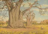 Erich Mayer, An Extensive Landscape with a Baobab and a Crouching Man, oil on canvas