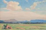 A Landscape with a Farm in the distance by Jacobus Hendrik Pierneef, oil on board, sold May 2011