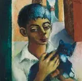 Johannes Meintjes, A Boy with a Kitten (JM 697), oil on board