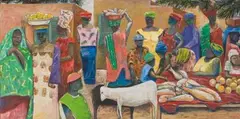 Sam Nhlengethwa, A Market Scene, oil on canvas