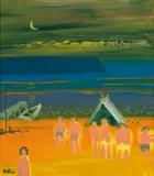 Figures Camping near a Lake at Night by Walter Battiss, oil on canvas, sold May 2011