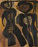 Cecil Skotnes, Two Figures, carved and painted wood panel with pigment