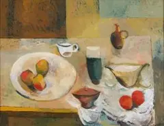 Cecil Skotnes, A Still Life with Vessels and Fruit on a Table, oil on panel