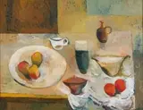 Cecil Skotnes, A Still Life with Vessels and Fruit on a Table, oil on panel