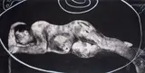 William Kentridge, Sleeper with Ubu, 1997, etching, aquatint and drypoint from two copper plates, and power-tool engraved polycarbon sheet for the Ubu white lines, on Arches paper