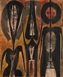The Family by Cecil Skotnes, carved and painted wood panel with pigment, sold May 2011