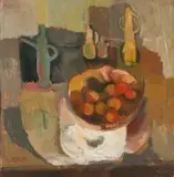 Cecil Skotnes, A Still Life with Peaches in a Bowl and Vessels on a Table, oil on wood panel