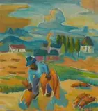 Harvesting by Maggie Laubser, oil on canvas laid down on board, sold Mar 2011