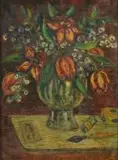 Pranas Domšaitis, Still Life with Tulips, recto, A Bridge over the Seine, verso