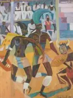 Three Mine Dancers by Rupert Shephard, oil on board, offered Mar 2011