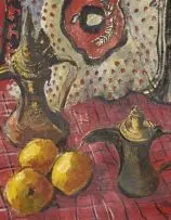 Two Coffee Pots by Freida Lock, oil on canvas, in a Zanzibari frame, offered Mar 2011