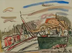 Irma Stern, Port at Isla da Tabarca, ink and pastel