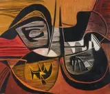 Abstract by Cecil Skotnes, carved, painted and incised wood panel, offered Mar 2011