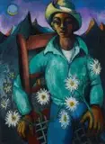 Johannes Meintjes, Seated Boy with Daisies, oil on board