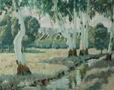 Sydney Carter, Gum Trees by a Stream, oil on canvasboard